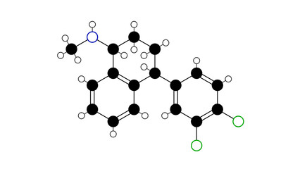 sertraline molecule, structural chemical formula, ball-and-stick model, isolated image selective serotonin-reuptake inhibitors