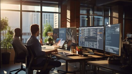 A scene showcasing a team of software developers coding, collaborating, and testing applications in a modern development environment - obrazy, fototapety, plakaty