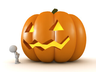 3D Character Looking at a Large Carved Halloween Pumpkin