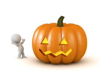 Happy 3D Character with a Carved Halloween Jack-O-Lantern Pumpkin