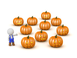 3D Character Showing a Field of Halloween Pumpkins