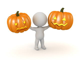 3D Character Holding Up Two Halloween Jack-O-Lantern Pumpkins