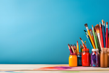 colorful art supplies including paint brushes mark