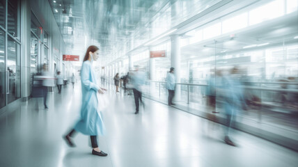 Fototapeta na wymiar Blurred doctor woman walk fast movement in hospital with patients waiting on seats background. Generated ai.