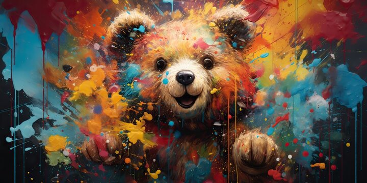 AI Generated. AI Generative. Cute little cartoon bear kid. Drawing painting watercolor oil brush graffiti ink bright colors background view canvas