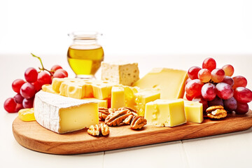 Cheese plate. Different kind of cheese, grapes, olive oil, honey and nuts on wooden board on white background. Healthy food. Snacks for wine. The mediterranean diet. Copy space