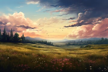 Fantasy landscape with meadow, mountains and clouds in the sky