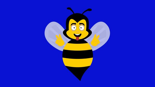video animation bee cartoon, sticking out tongue, making the classic gesture of love and peace with his hands. On a blue chroma key background