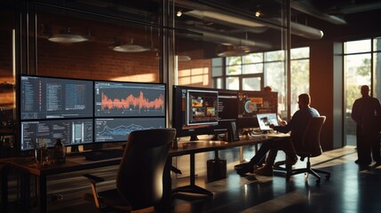 A scene showcasing a team of software developers coding, collaborating, and testing applications in a modern development environment