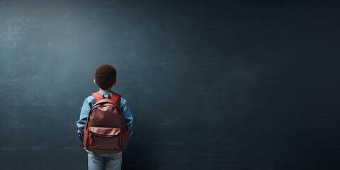 kid with backpack with background of blackboard negative space