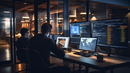 A scene showcasing a team of software developers coding, collaborating, and testing applications in a modern development environment