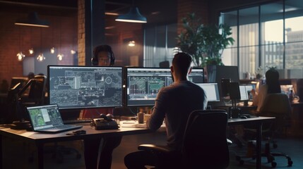 Fototapeta premium A scene showcasing a team of software developers coding, collaborating, and testing applications in a modern development environment