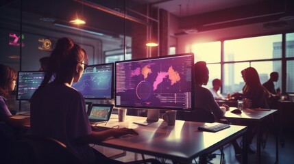 A scene showcasing a team of software developers coding, collaborating, and testing applications in a modern development environment