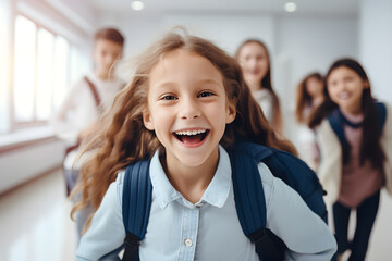 group of kids student with backpack smile excited go to school