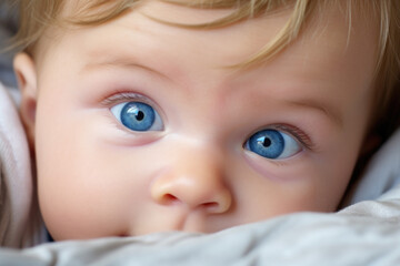 A newborn baby with beautiful blue eyes - obrazy, fototapety, plakaty