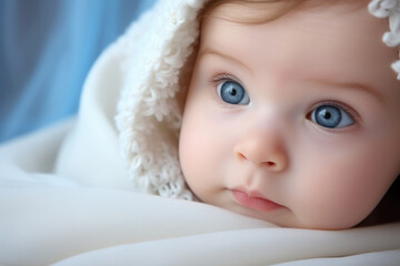A newborn baby with beautiful blue eyes