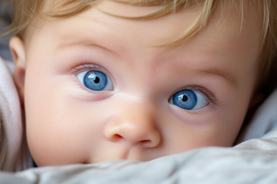 A newborn baby with beautiful blue eyes