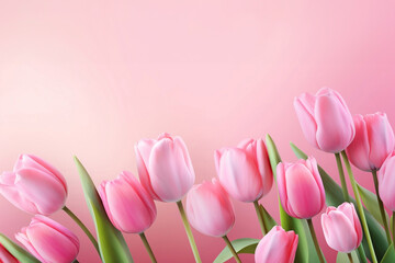 Fototapeta premium Fresh Pink tulips. A bouquet of spring flowers on a pink background Beautiful greeting card. Spring Holidays concept. Copy space. Banner. High quality photo. Generative AI.