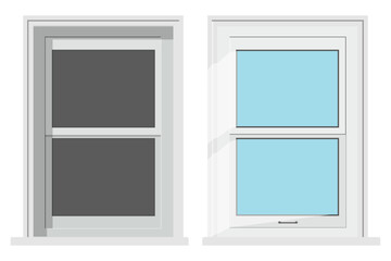 Shutter Window vector illustration. Beautiful wooden window in a white frame from the house. Outside and inside view