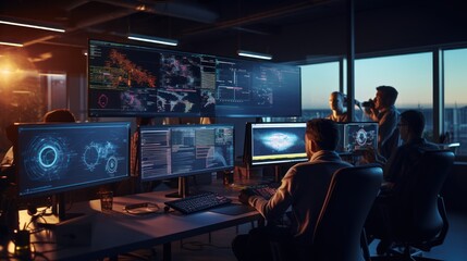 A scene showcasing a team of software developers coding, collaborating, and testing applications in a modern development environment