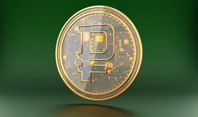 Digital Ruble. 3D render model close up. Golden and transparent crypto coin with symbol Russian currency on green chromakey background