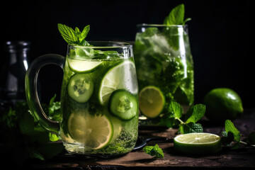 Cold drink with basil, cucumber and lime. Mojito, lemonade with basil. Infused cucumber drink with mint. Detox water. Dark background. 