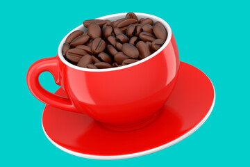 Ceramic coffee cup with coffee beans for americano, espresso, latte on green