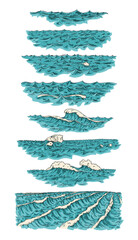 Sea waves. Vintage vector engraving color illustration. Isolated on white