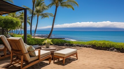 Fototapeta na wymiar Beachfront villa with a private cabana and direct access to the white sands of Wailea Beach in Maui, Hawaii