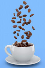 Ceramic coffee cup with coffee beans for americano, espresso, latte on blue
