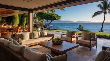 Obraz premium Beachfront villa with a private cabana and direct access to the white sands of Wailea Beach in Maui, Hawaii
