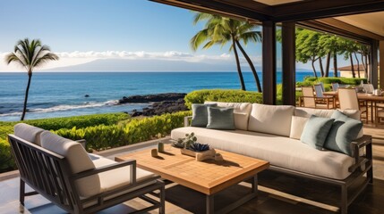 Fototapeta na wymiar Beachfront villa with a private cabana and direct access to the white sands of Wailea Beach in Maui, Hawaii