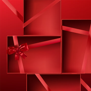 Abstract 3D Vector minimal scene for mockup product display. Minimal product background for Christmas and sale event concept. Red gift box with red ribbon bow on red background. Vector EPS10