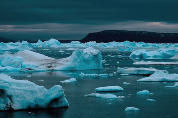 Greenland ice sheet. Climate Change. Iceberg afrom glacier in arctic nature landscape on Greenland. Melting of glaciers and the Greenland ice sheet is a cause of sea levels rise.  - obrazy, fototapety, plakaty