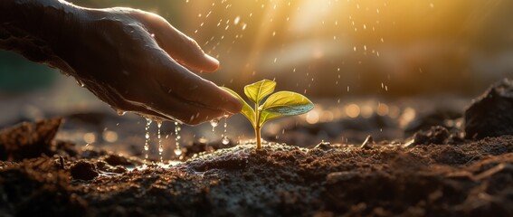 Enviroment Shot. a Watering Can watering a little Plant.