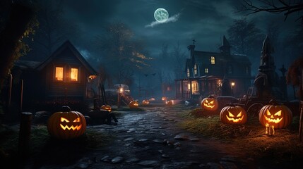 a Scary Place with Wooden Abandoned Houses with some Mysterious Light On. Halloween.