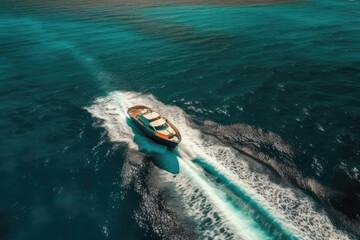 Obraz premium Aerial view of luxury motor boat. Speed boat on the azure sea in turquoise blue water - birdseye aerial view of boat. aerial view