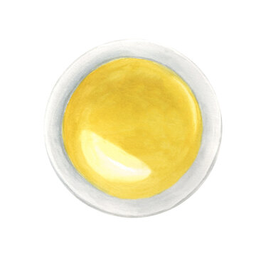 Olive oil bowl top view. Hand drawn watercolor illustration on a white background. For menu, product and italian, greek, spanish cuisine design.
