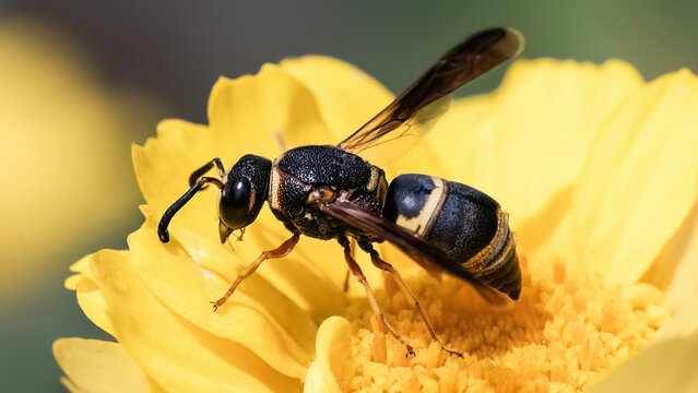 Side view of a stout black and yellow Potter Mason Wasp feeding on a yellow garland daisy flower. Long Island, New York, USA. 