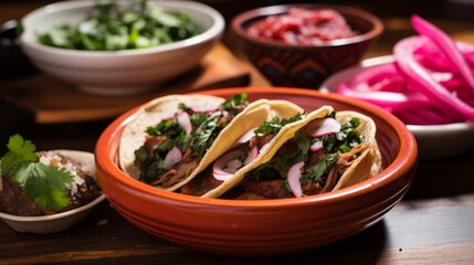 Cochinita Pibil in a ceramic bowl, topped with fresh cilantro and accompanied by warm tortillas