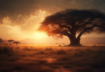Fototapeta na wymiar sun rise on african landscape, light red and light amber tones