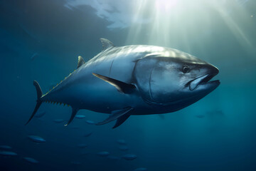 Bluefin Tuna - Found in the Atlantic and Pacific Oceans, are commonly used in Japanese and Mediterranean cuisine and have a rich, fatty flavor (Generative AI) - obrazy, fototapety, plakaty