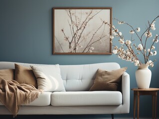 Modern & Luxury Interior Design of a Light Color Living Room. Sofa with Pillows and a Wooden Shrub.
