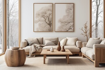 Fototapeta na wymiar Modern & Luxury Interior Design of a Light Color Living Room. Huge Sofa with Pillows.