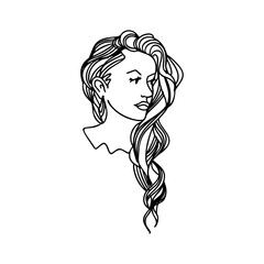 Woman face in single line art style. Continuous one line portrait. Continuous line art Woman face. Elegant minimalistic portrait for prints, tattoos, posters, textiles, postcards. Vector illustration
