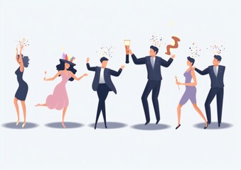 Fototapeta na wymiar Sleek Isometric Positive Men and Women with Champagne and Sparklers Dancing