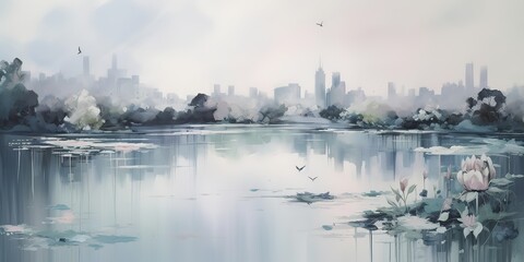 AI Generated. AI Generative. Lake water field wild flowers with urban city on background. Oil water color paint draw canvas nature outdoor landscape. Graphic Art