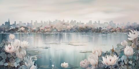 AI Generated. AI Generative. Lake water field wild flowers with urban city on background. Oil water color paint draw canvas nature outdoor landscape. Graphic Art