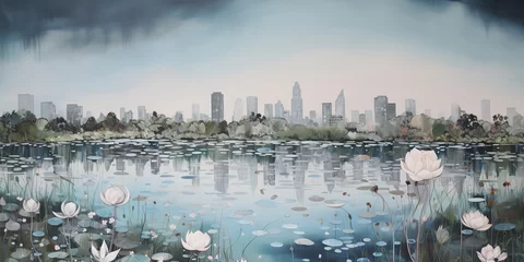 Deurstickers Aquarelschilderij wolkenkrabber  AI Generated. AI Generative. Lake water field wild flowers with urban city on background. Oil water color paint draw canvas nature outdoor landscape. Graphic Art
