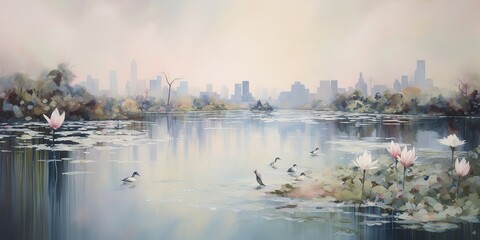 AI Generated. AI Generative. Lake water field wild flowers with urban city on background. Oil water color paint draw canvas nature outdoor landscape view relaxing vibe